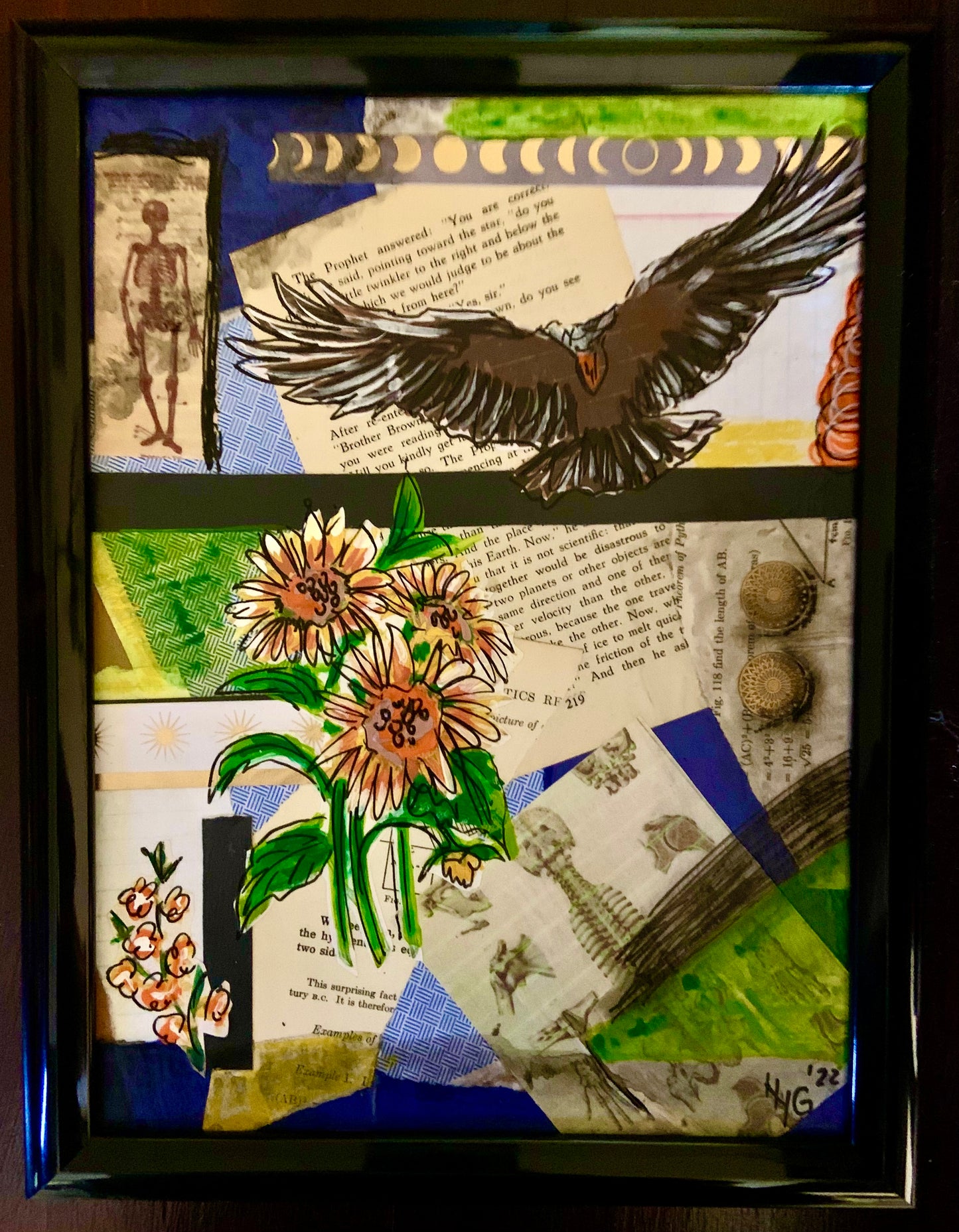 Sunflower and Crow - Paper Machete Plastic Frame no glass