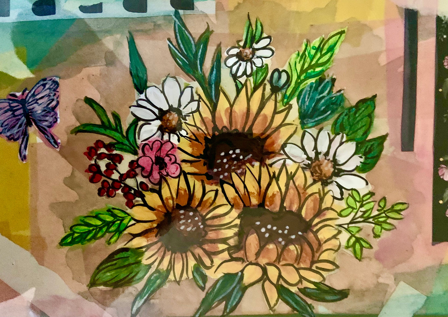 Framed Collage Sunflowers with Butterfly