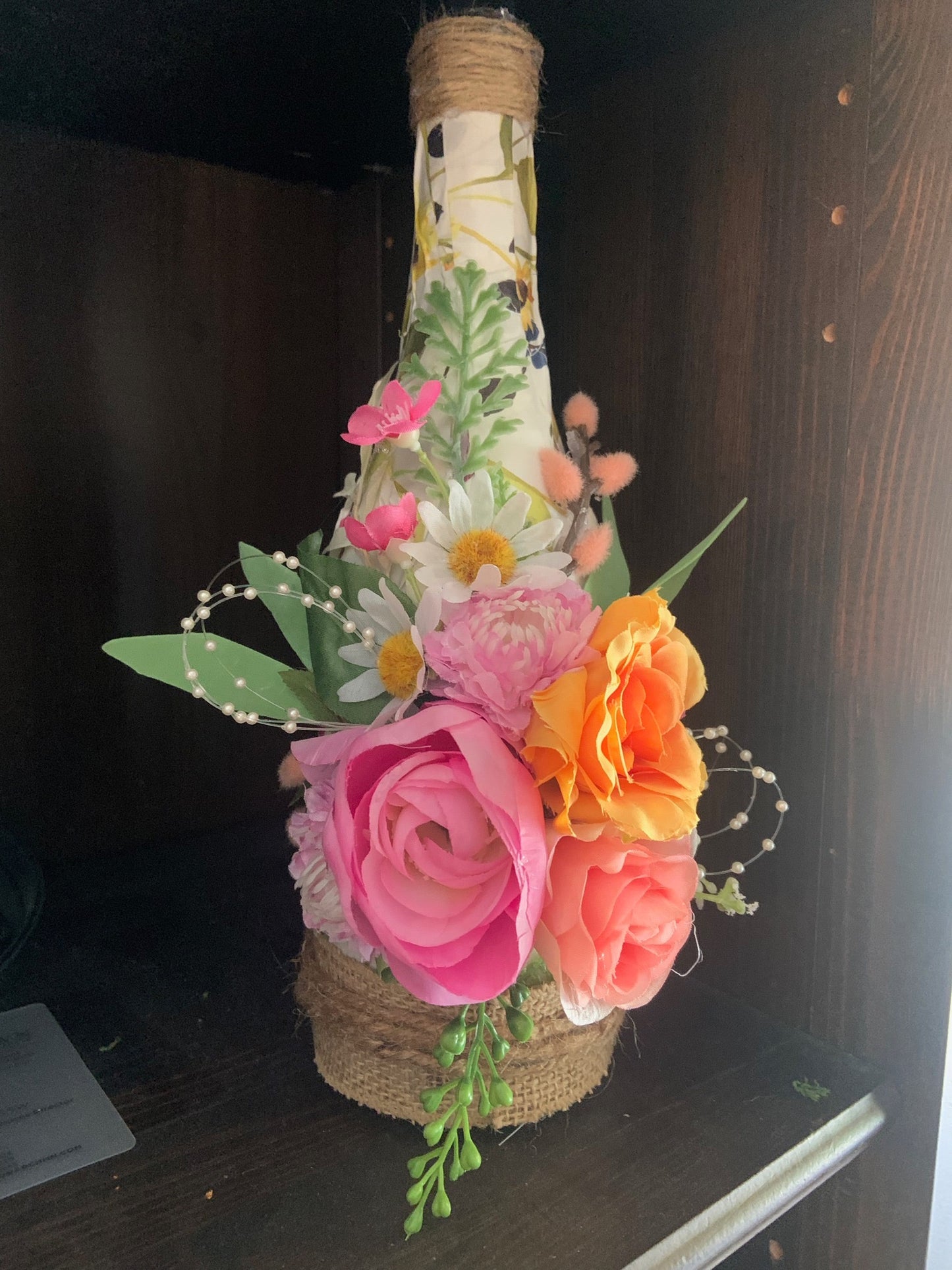 Recycle Glass Artwork: Pink & Orange Floral Wine Bottle