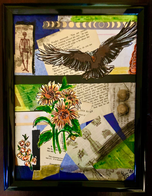 Sunflower and Crow - Paper Machete Plastic Frame no glass