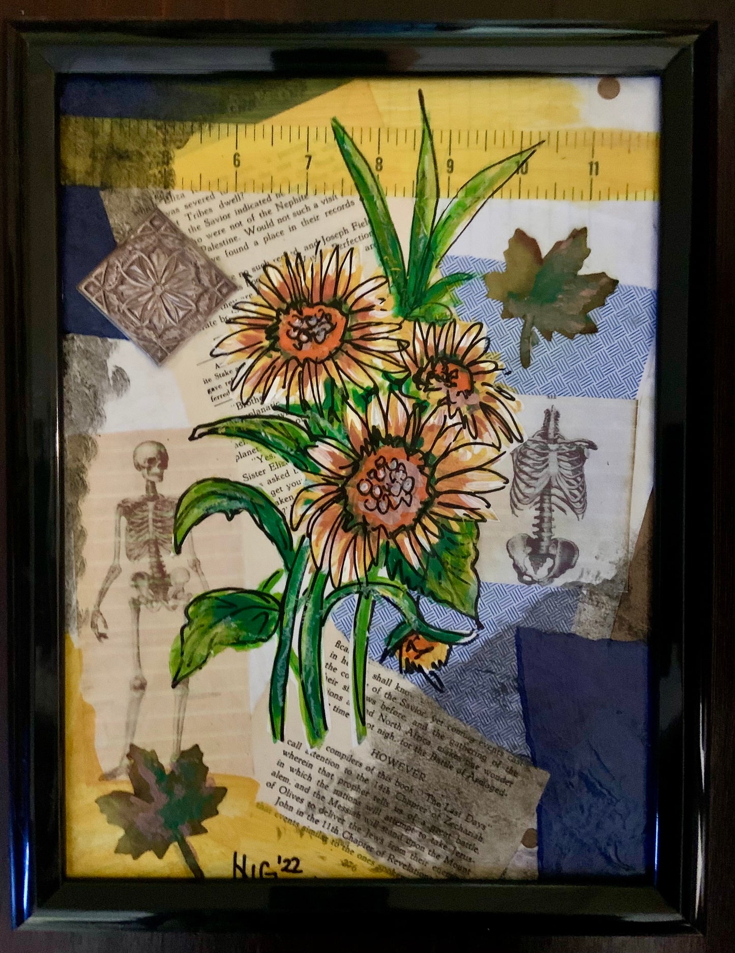 Sunflower and Skeleton - Paper Collage in Plastic Frame no glass