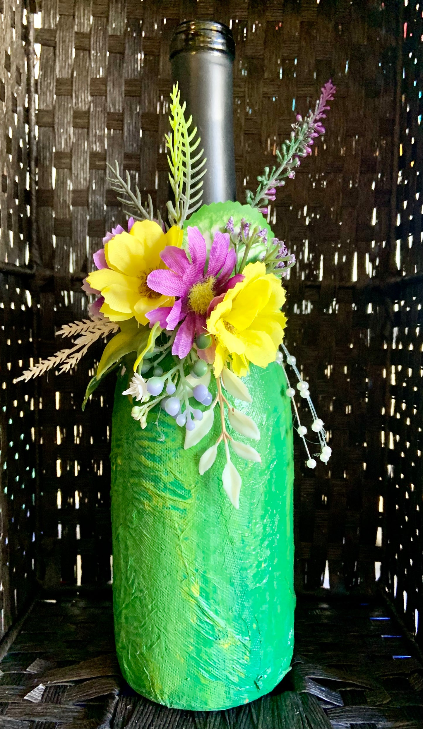 Recycled Glass Artwork: Green Floral Wine Bottle