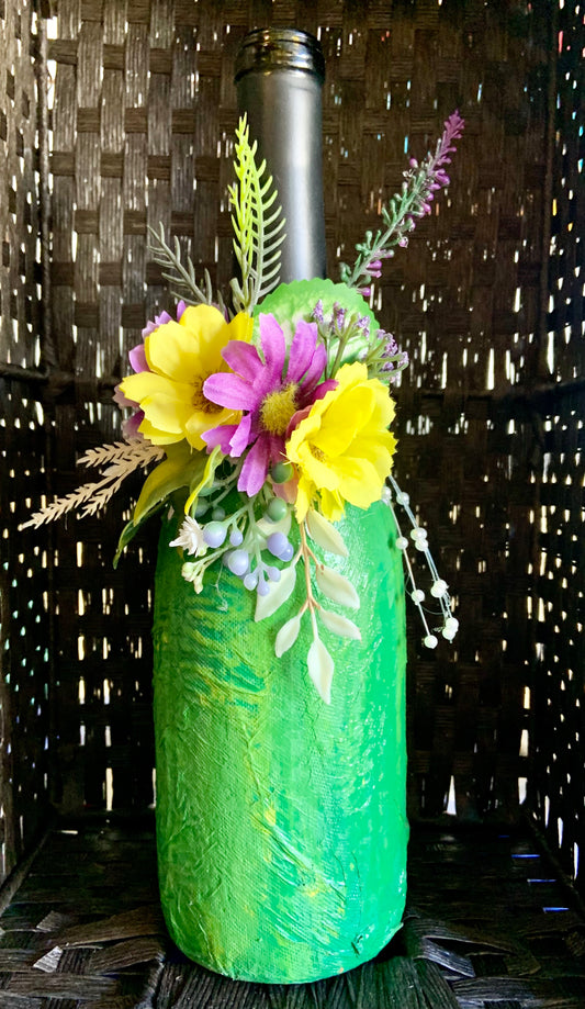 Recycled Glass Artwork: Green Floral Wine Bottle