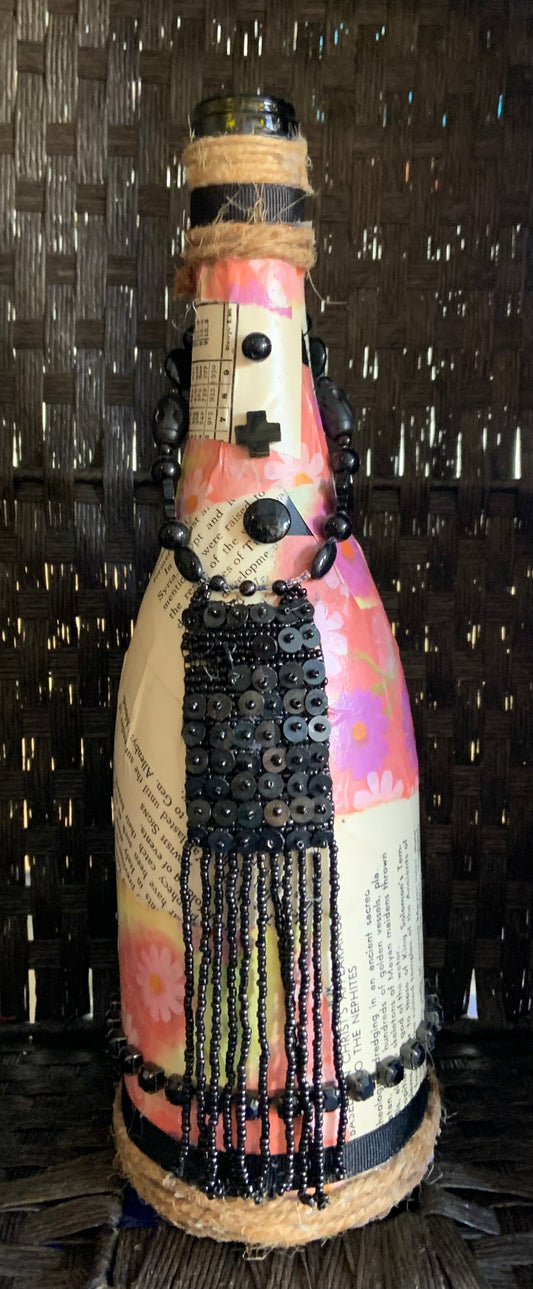 Recycled Glass Artwork: Pink Beige Collage Wine Bottle with Black Jewels