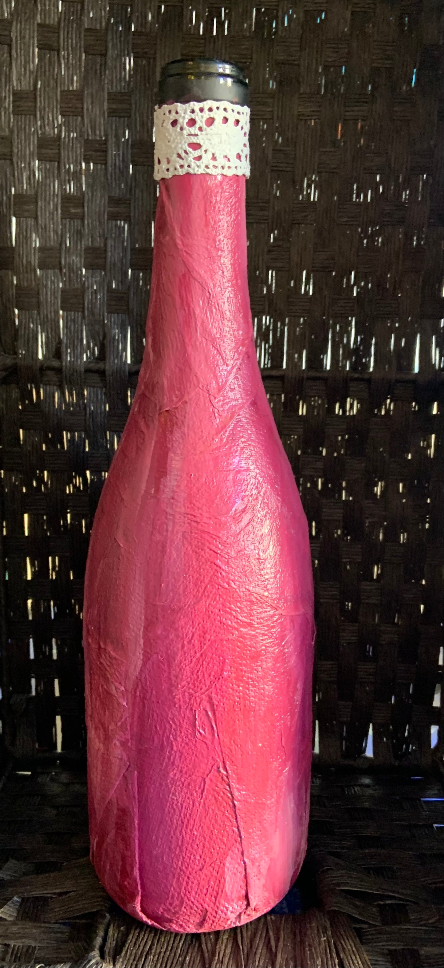 Recycled Glass Artwork: Pink Lace Wine Bottle
